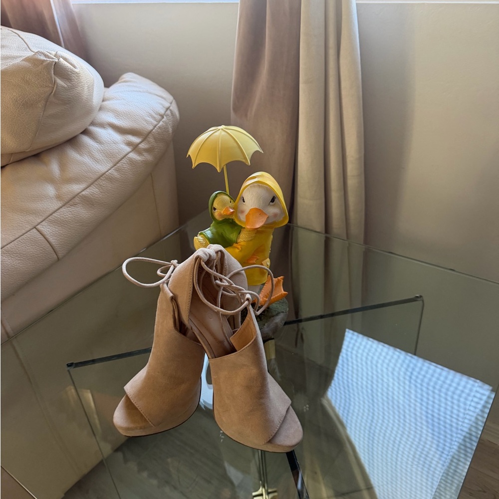 Aldo Tan Suede Peep-Toe Lace-Up Heeled Booties